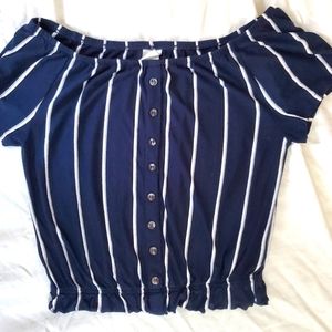 H&M Navy Blue & White Stiped Cropped Blouse Size Small